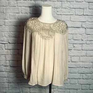 Indigo Rose Women's Small Ivory Crochet Yoke Peasant Blouse Boho Cottagecore